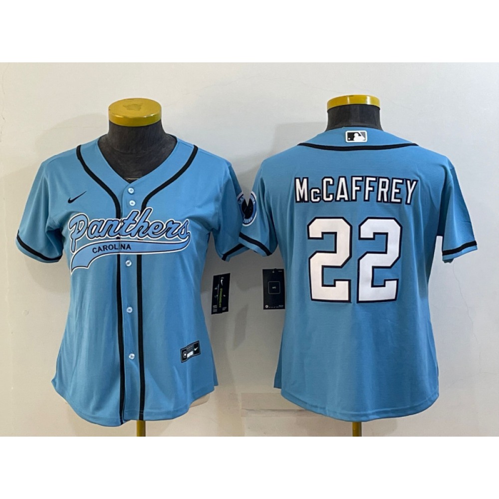 Women's Carolina Panthers #22 Christian McCaffrey Blue With Patch Cool Base Stitched Baseball Jersey(Run Small)