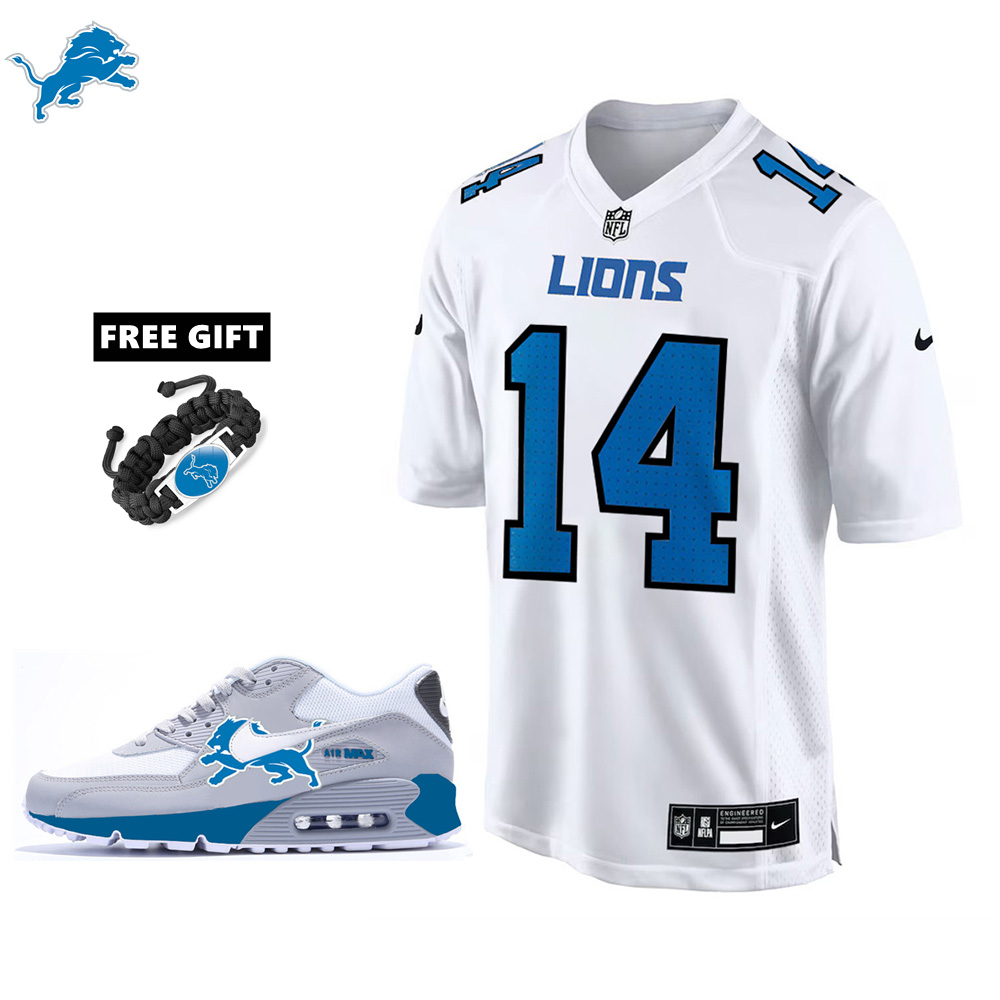 🔥Combo Sale - Detroit Lions Amon-Ra St. Brown Nike White Tundra Fashion Game Jersey & Air Max 90 Classic Sneakers