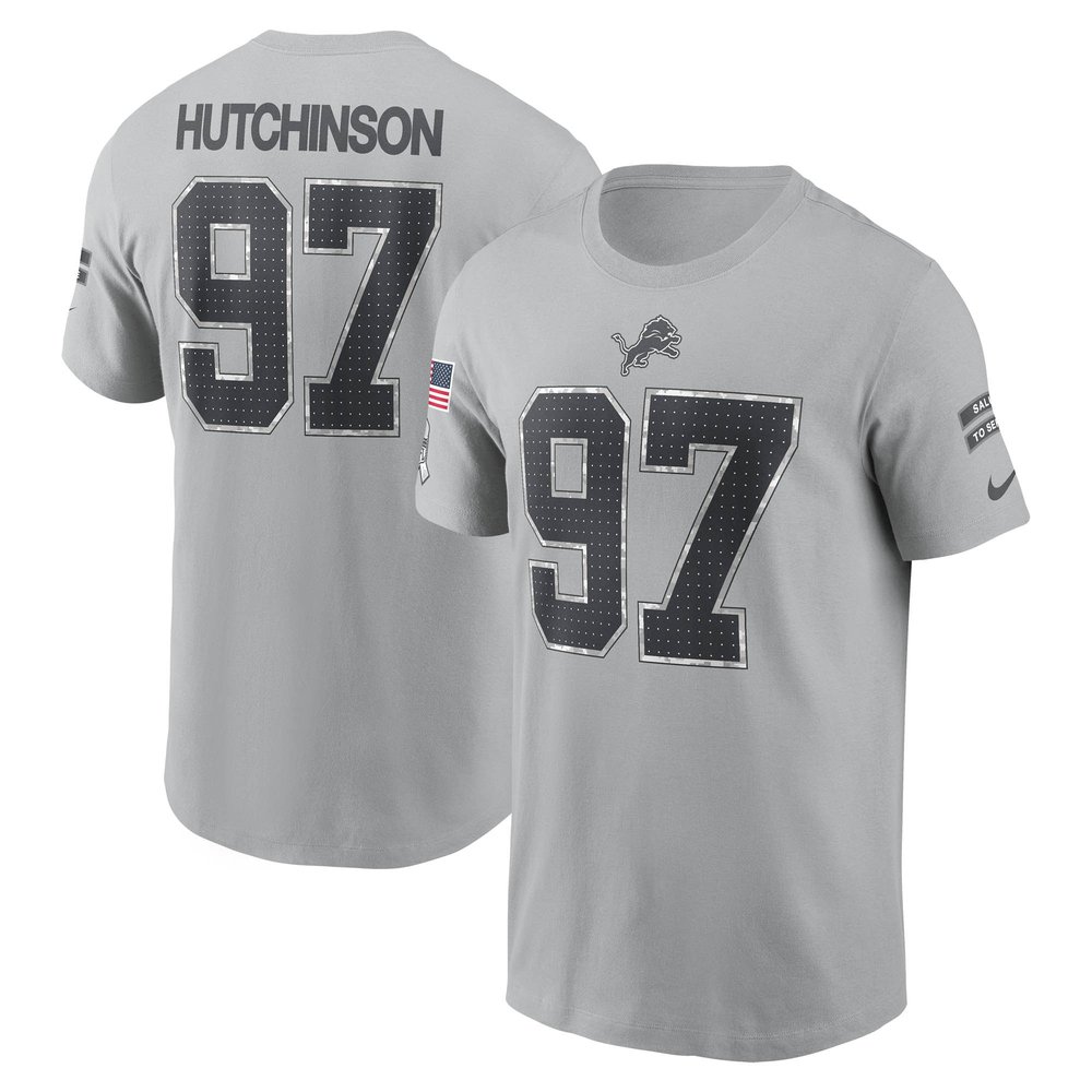 Men's Detroit Lions #97 Aidan HutchinsonGray 2024 Salute To Service Name & Number T-Shirt