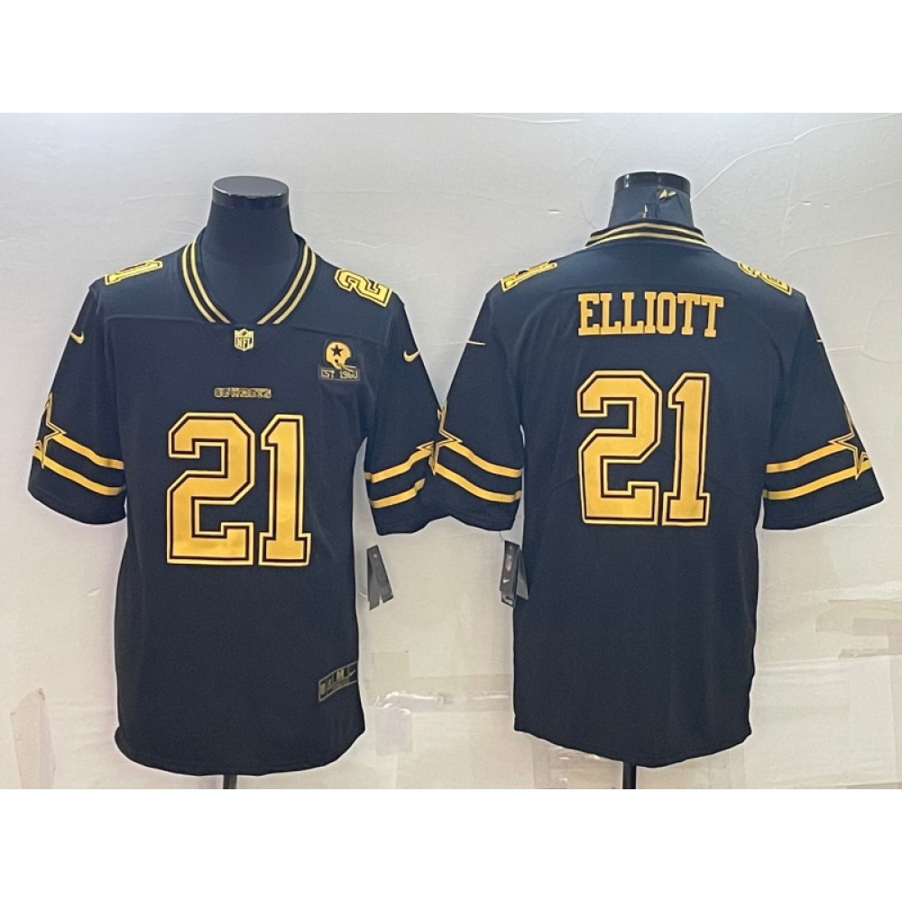 Men's Dallas Cowboys #21 Ezekiel Elliott Black Gold Edition With 1960 Patch Limited Stitched Football Jersey