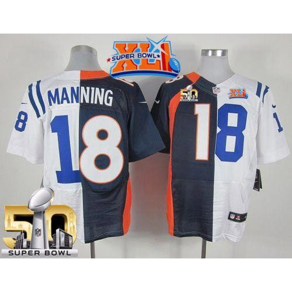 Colts #18 Peyton Manning Navy Blue/White Super Bowl XLI & Super Bowl 50 Men's Stitched NFL Elite Split Broncos Jersey