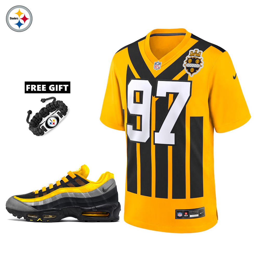 🔥Combo Sale - Pittsburgh Steelers Cameron Heyward Nike Gold Alternate 1933 Throwback Game Jersey & Air Max 95 Team Color Sneakers
