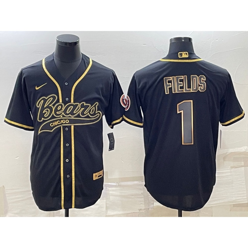 Men's Chicago Bears #1 Justin Fields Black Gold With Patch Cool Base Stitched Baseball Jersey