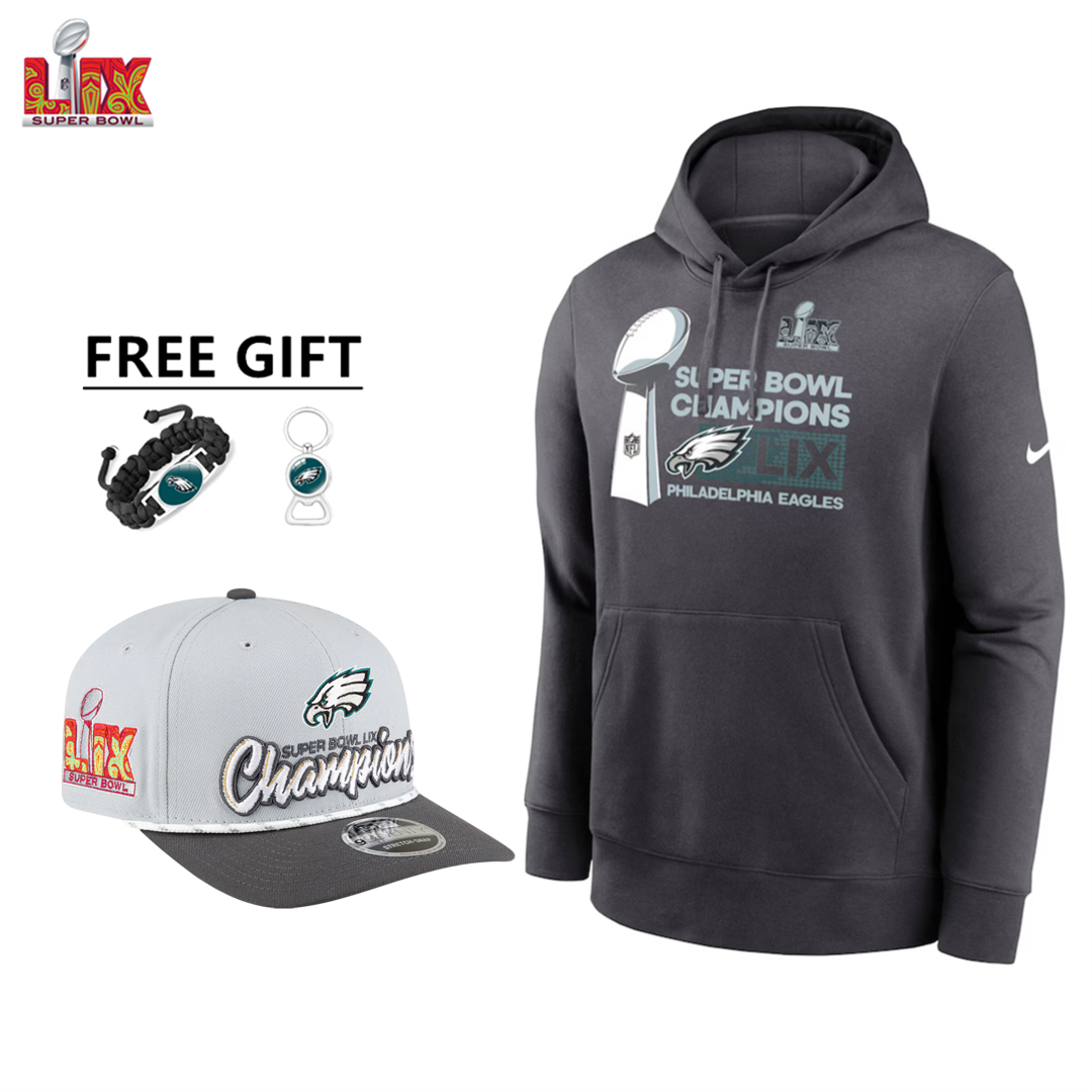 🔥Champ Combo Sale - Philadelphia Eagles Super Bowl LIX Champions Nike Anthracite Trophy Collection Pullover Hoodie & New Era Gray/Charcoal Adjustable Hat