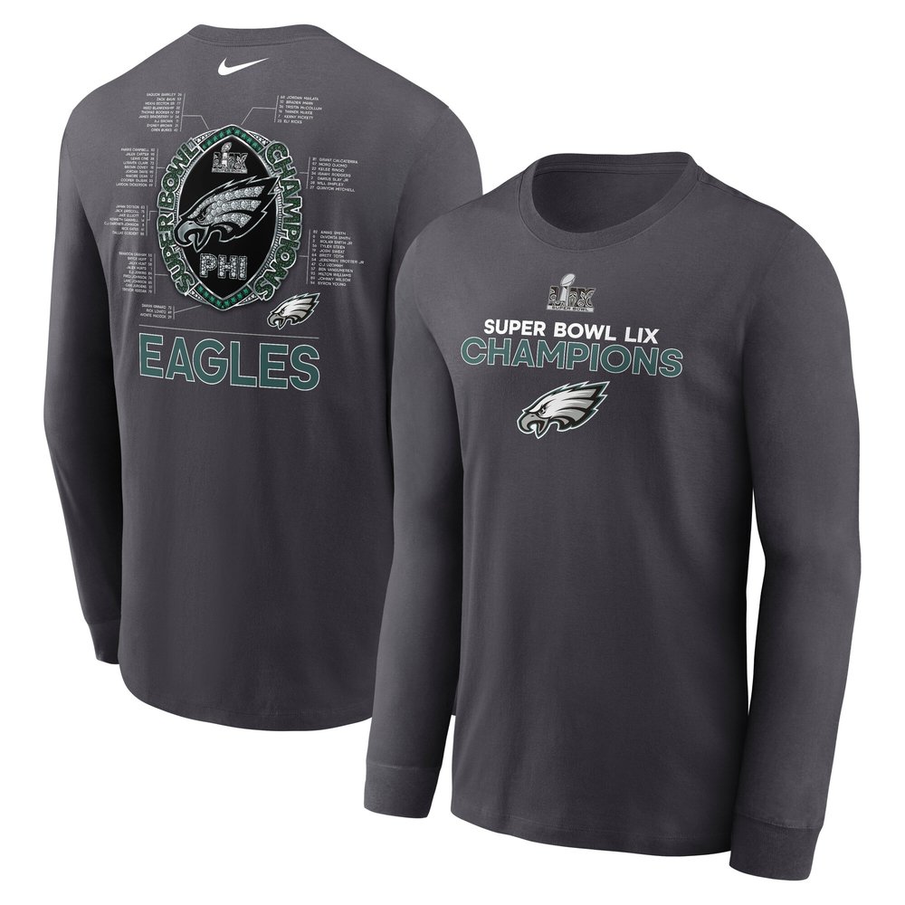 Men's Philadelphia EaglesAnthracite Super Bowl LIX Champions Roster Long Sleeve T-Shirt