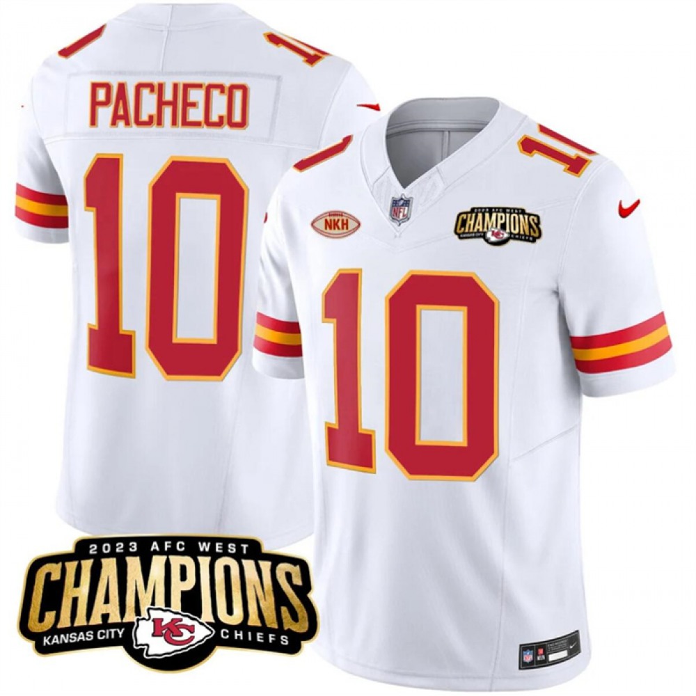 Men's Kansas City Chiefs #10 Isiah Pacheco White 2023 F.U.S.E. AFC West Champions With 