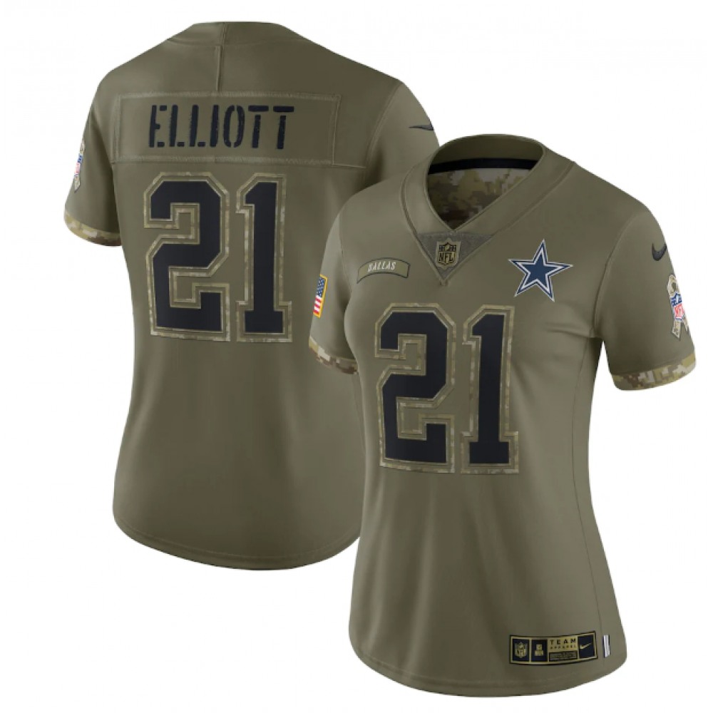 Women's Dallas Cowboys #21 Ezekiel Elliott 2022 Olive Salute To Service Limited Stitched Jersey(Run Small)