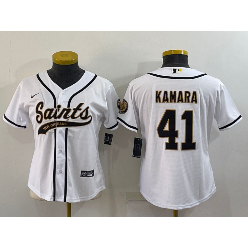 Youth New Orleans Saints #41 Alvin Kamara White With Patch Cool Base Stitched Baseball Jersey
