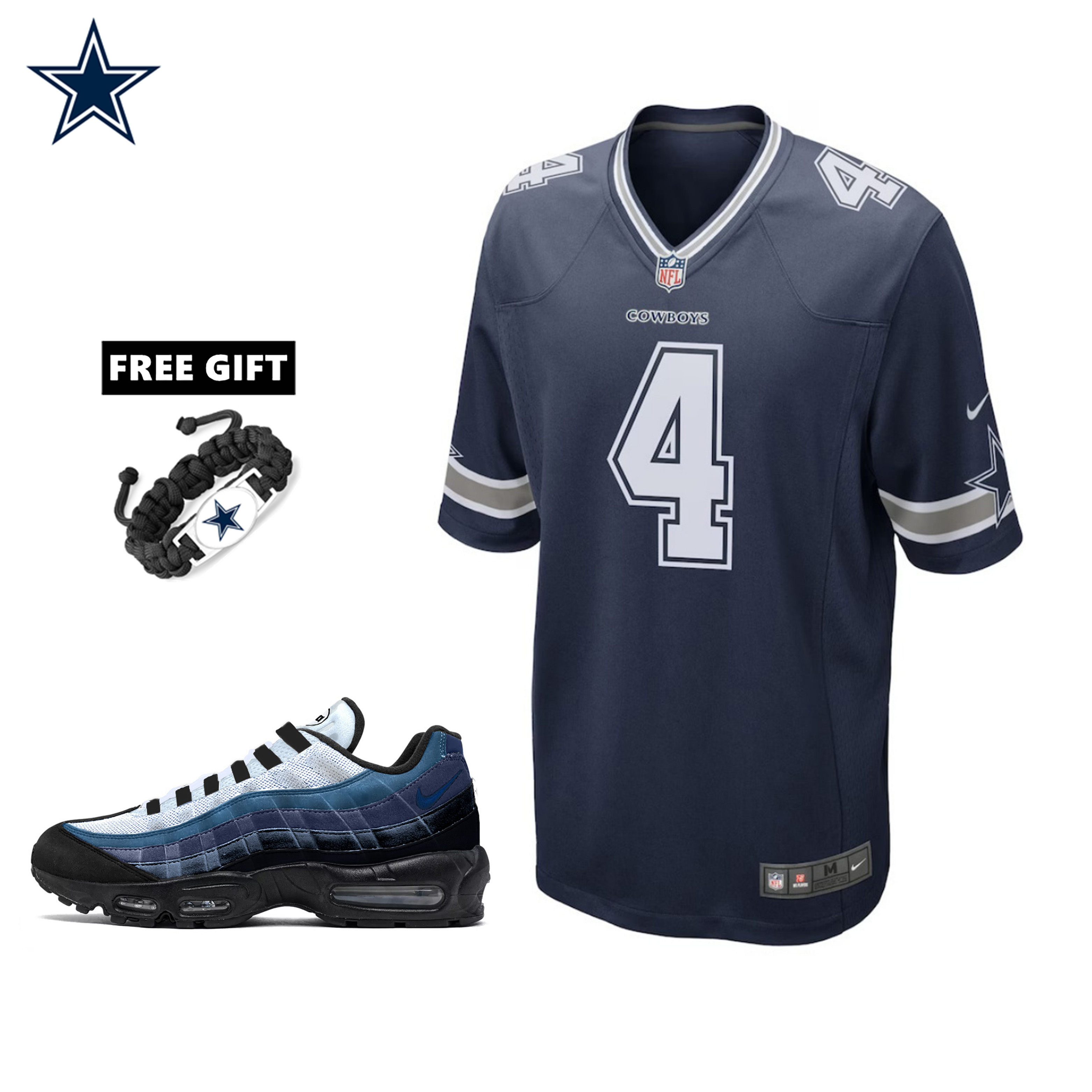 🔥Combo Sale - Dallas Cowboys Dak Prescott Nike Navy Game Jersey & Air Max 95 Team Color Sneakers