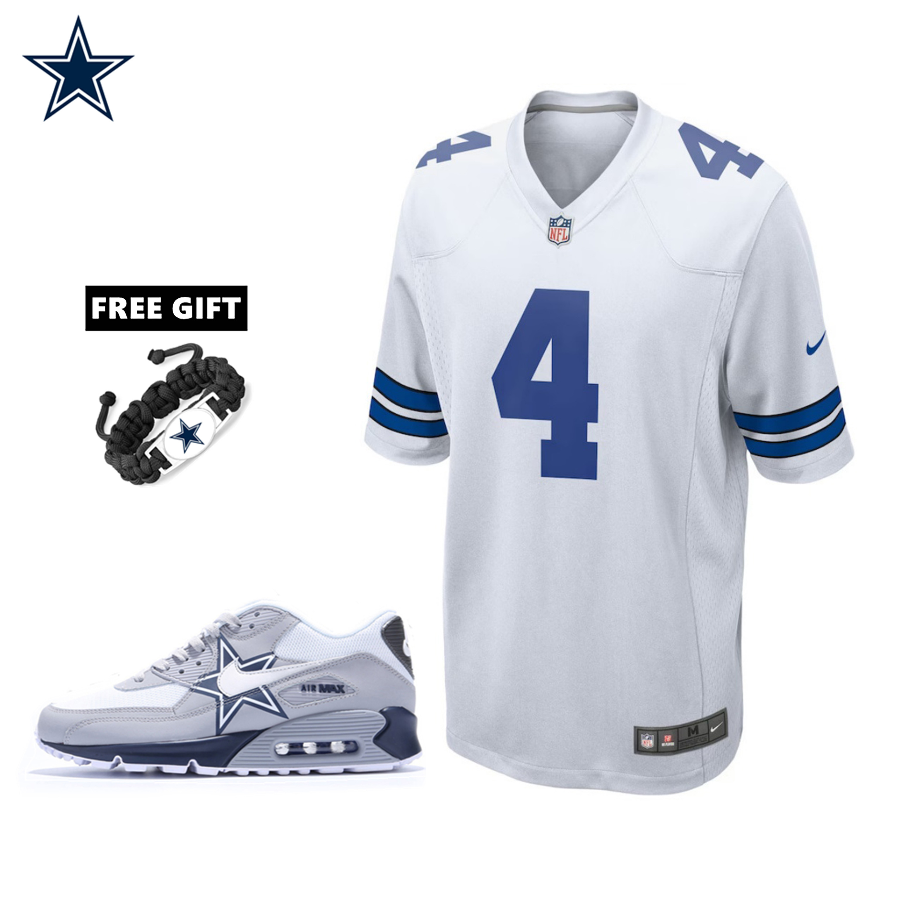 🔥Combo Sale - Dallas Cowboys Dak Prescott Nike White Game Jersey & Air Max 90 Classic Sneakers