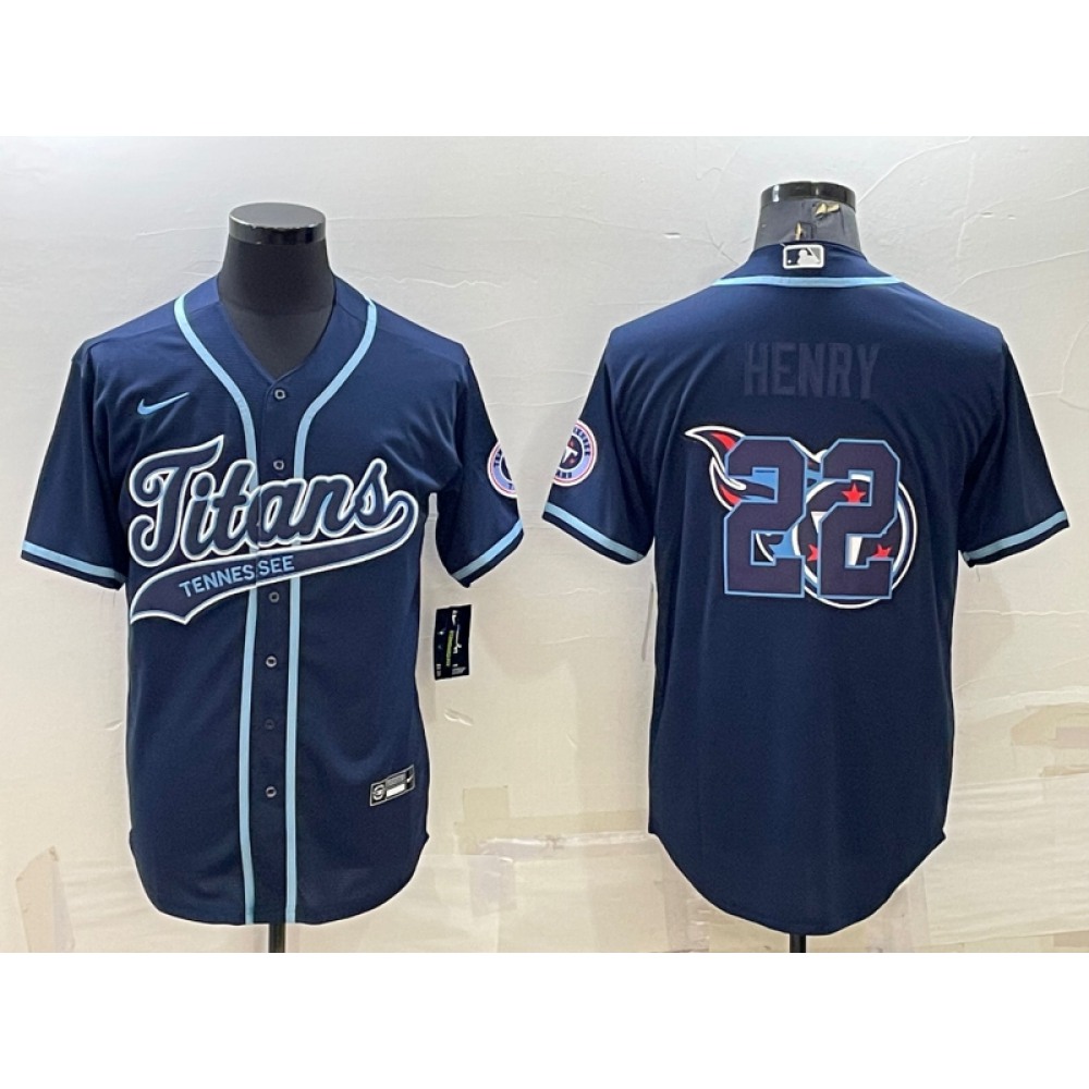 Men's Tennessee Titans #22 Derrick Henry Navy Team Big Logo With Patch Cool Base Stitched Baseball Jersey