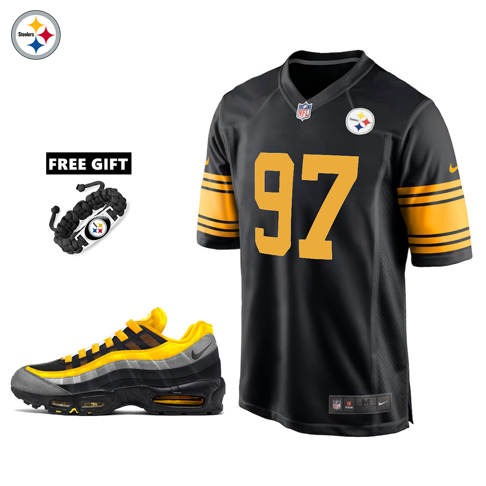 🔥Combo Sale - Pittsburgh Steelers Cameron Heyward Nike Black Alternate Game Jersey & Air Max 95 Team Color Sneakers