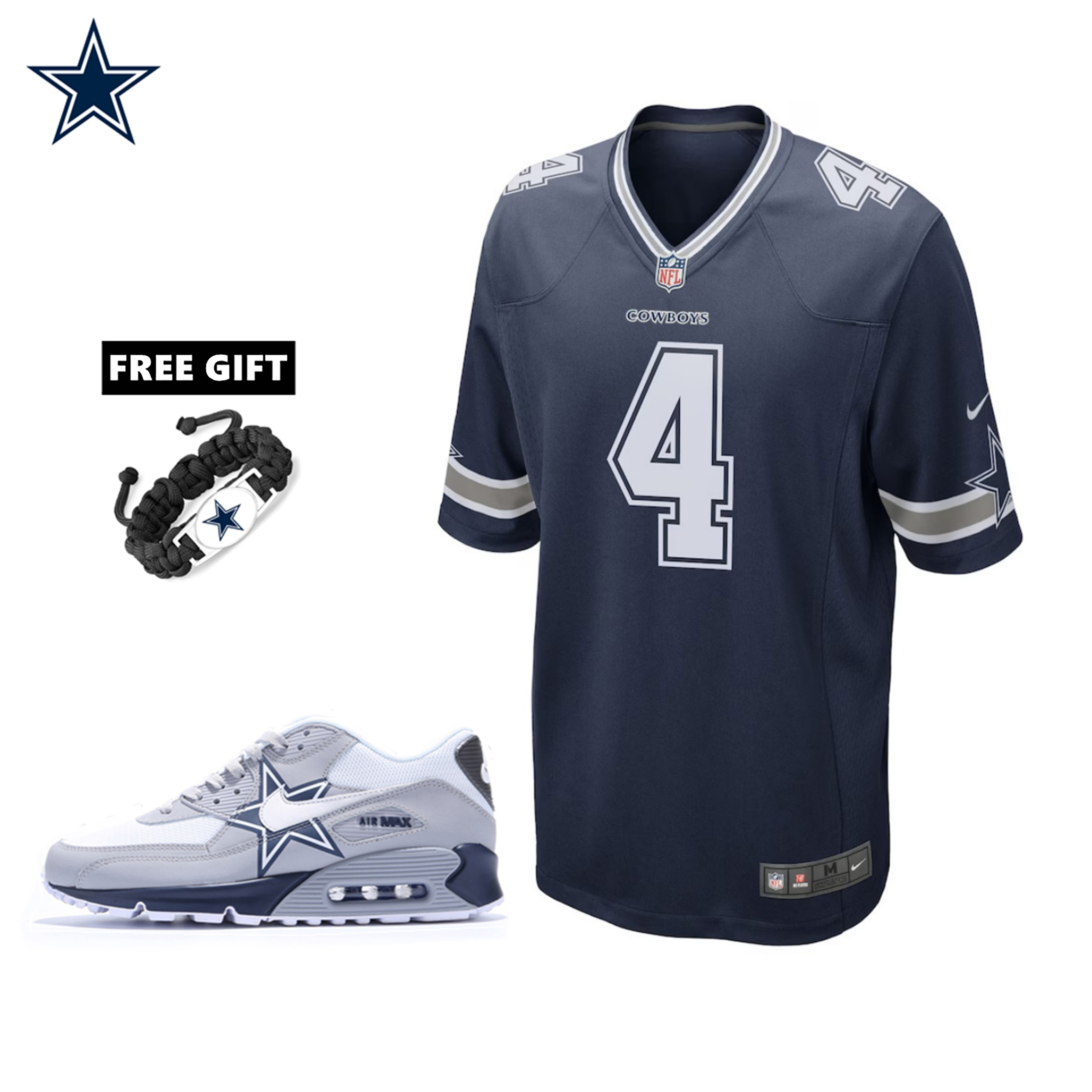 🔥Combo Sale - Dallas Cowboys Dak Prescott Nike Navy Game Jersey & Air Max 90 Classic Sneakers