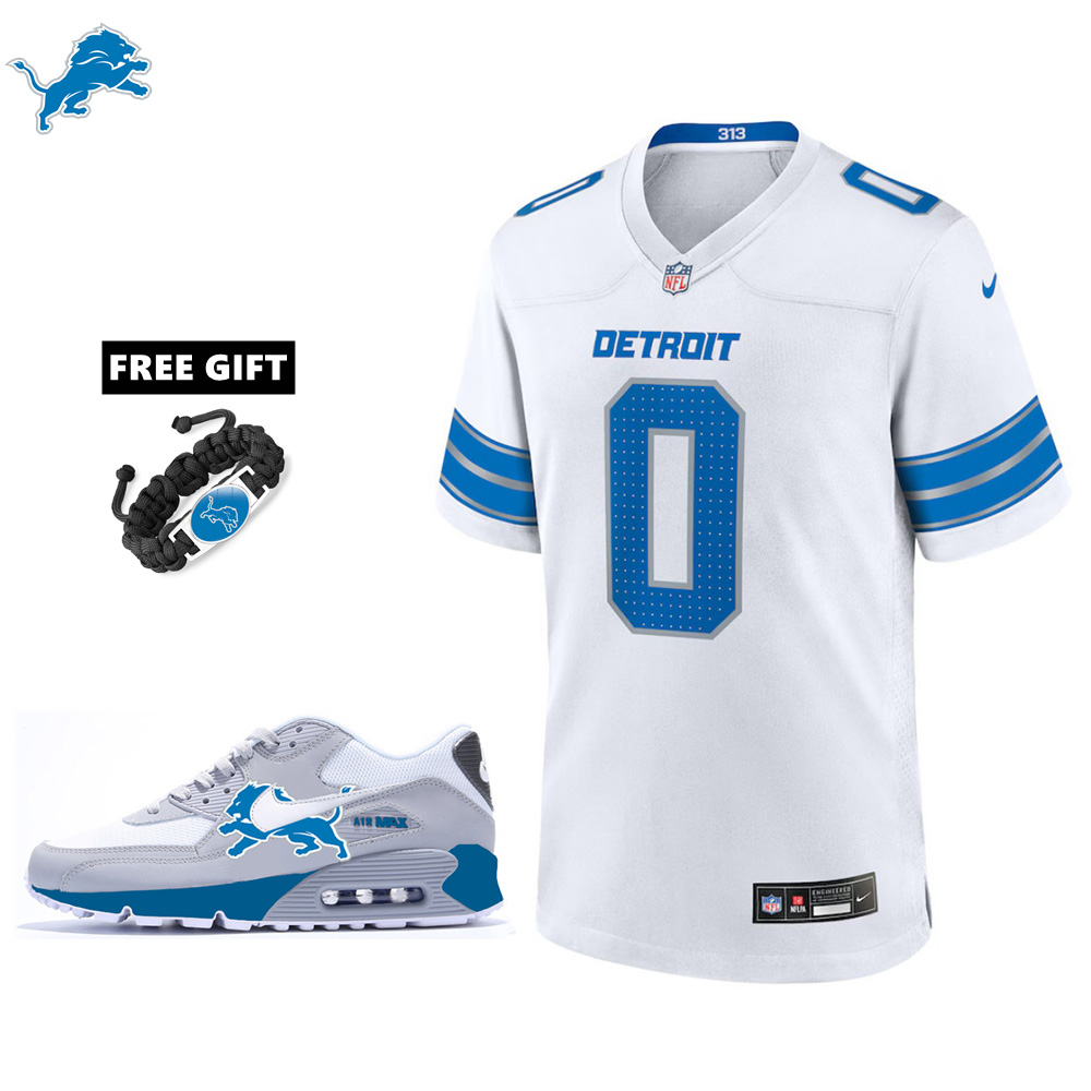 🔥Combo Sale - Detroit Lions Jahmyr Gibbs Nike White Game Jersey & Air Max 90 Classic Sneakers