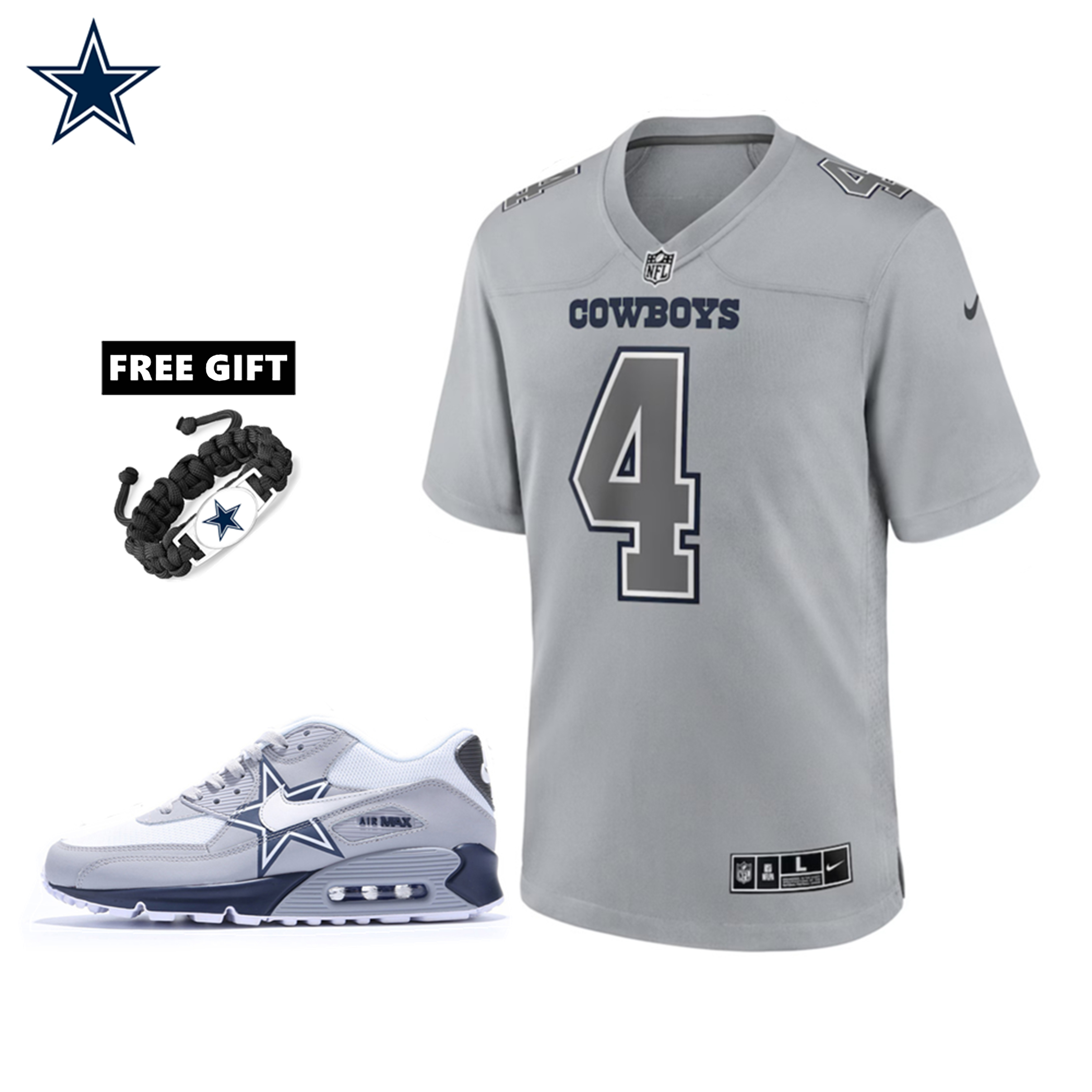 🔥Combo Sale - Dallas Cowboys Dak Prescot Nike Gray Atmosphere Fashion Game Jersey & Air Max 90 Classic Sneakers