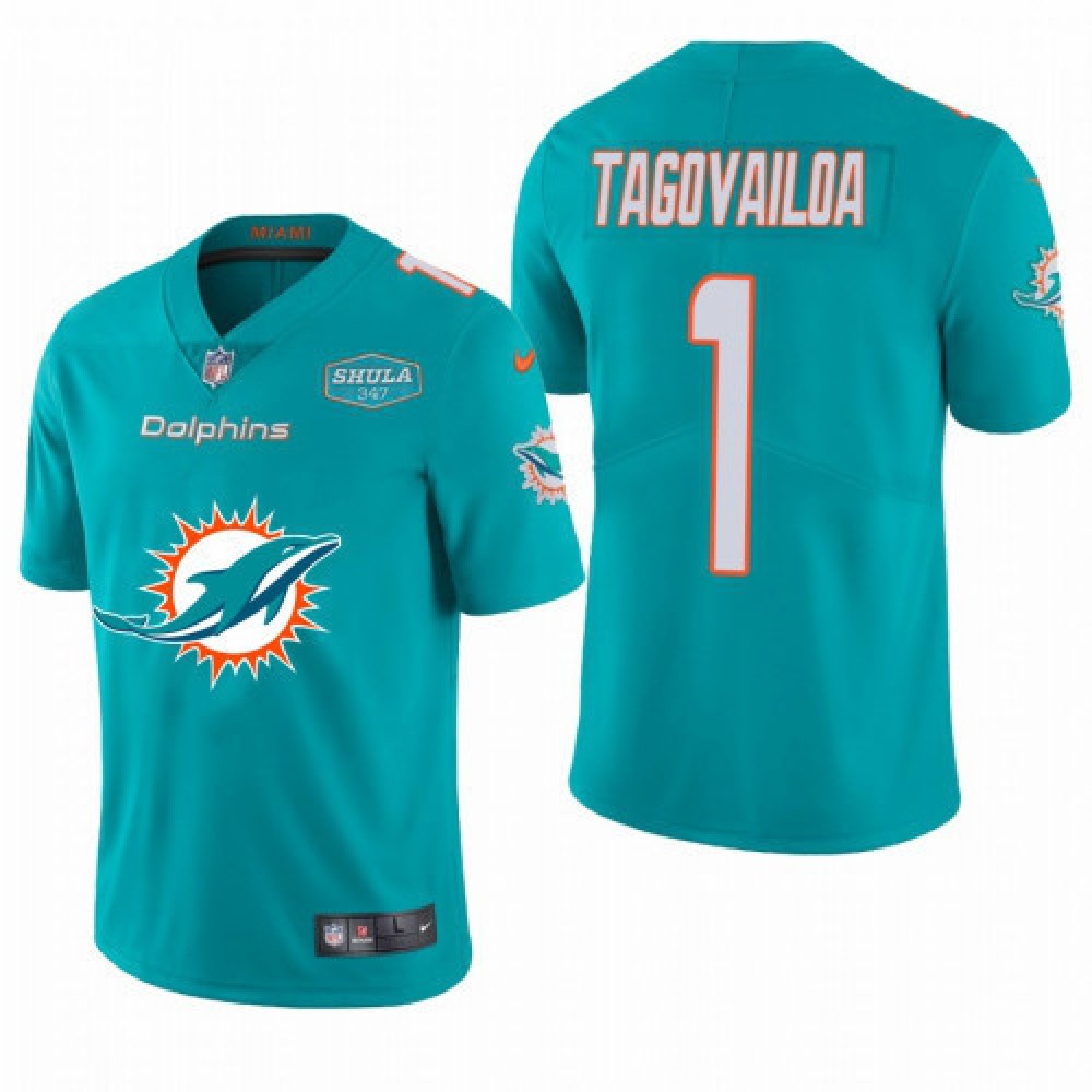 Men's Miami Dolphins #1 Tua Tagovailoa Aqua With 347 Shula Patch2020 Team Big Logo With 347 Shula Patch Limited Stitched Jersey