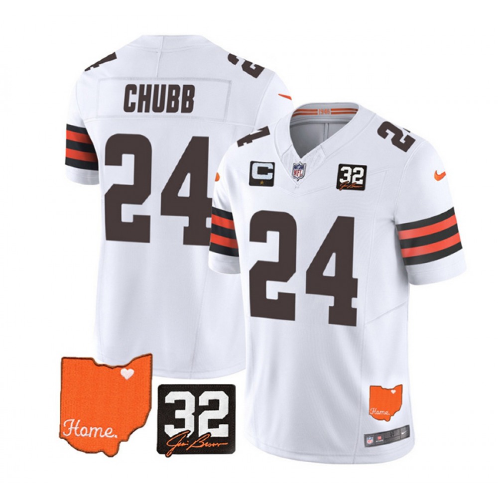 Men's Cleveland Browns #24 Nick Chubb White 2023 F.U.S.E. With Jim Brown Memorial Patch And 1-Star C Patch Vapor Untouchable Limited Stitched Jersey