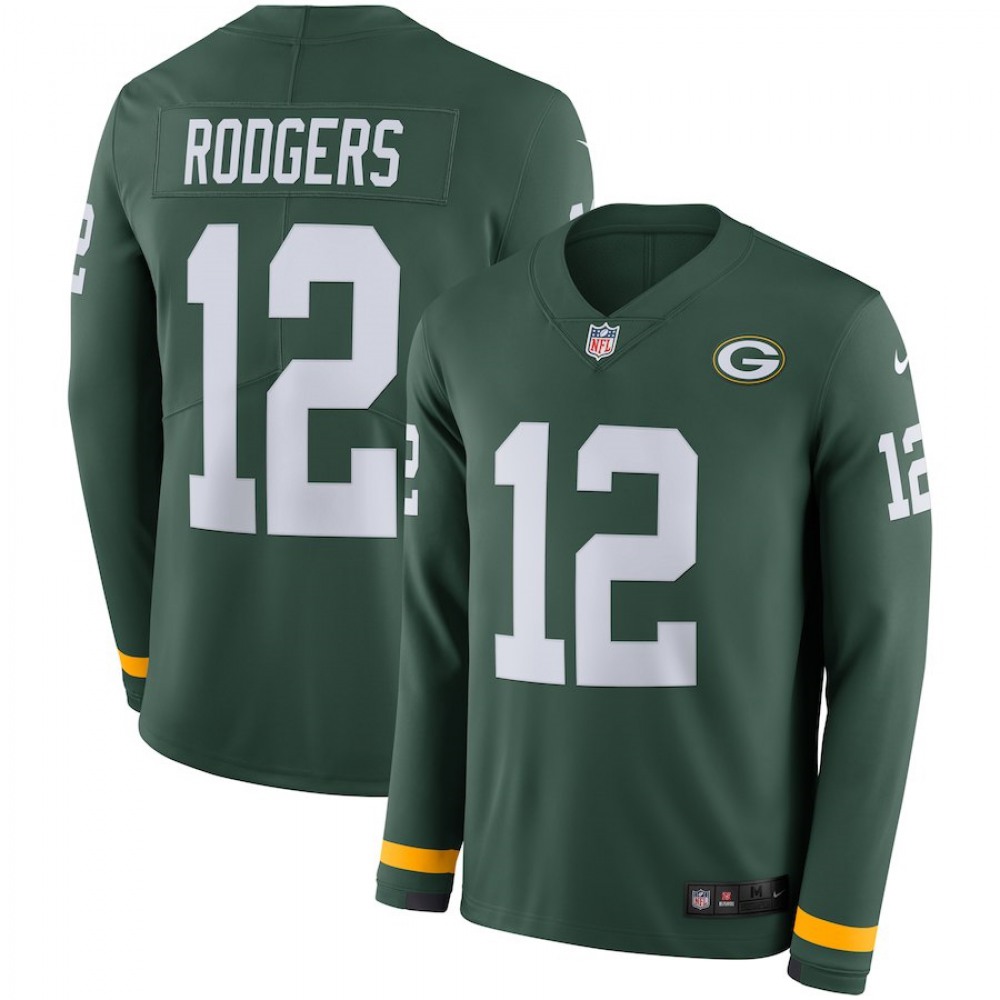 Men's Green Bay Packers #12 Aaron Rodgers Green Therma Long Sleeve Stitched NFL Jersey