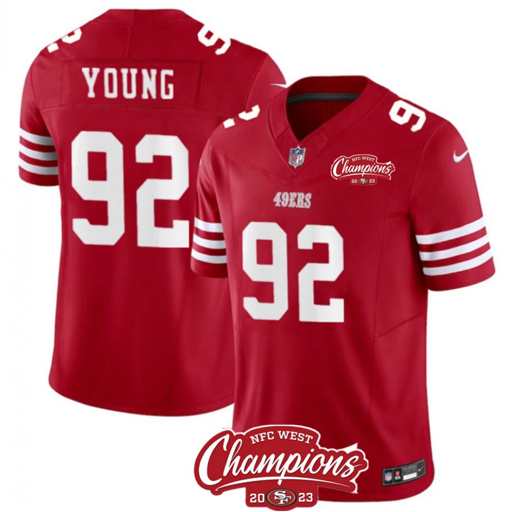 Men's San Francisco 49ers #92 Chase Young Red 2023 F.U.S.E. NFC West Champions Patch Stitched Football Jersey