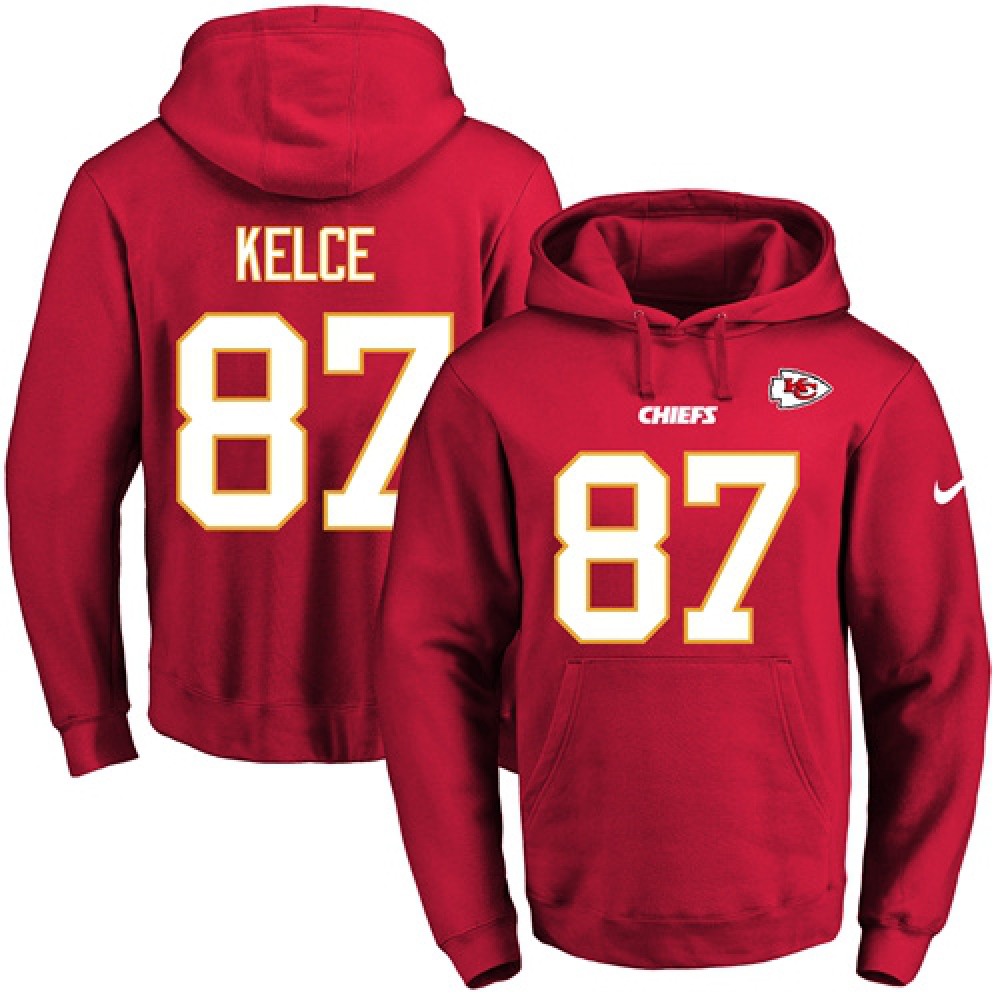 Chiefs #87 Travis Kelce Red Name & Number Pullover NFL Hoodie