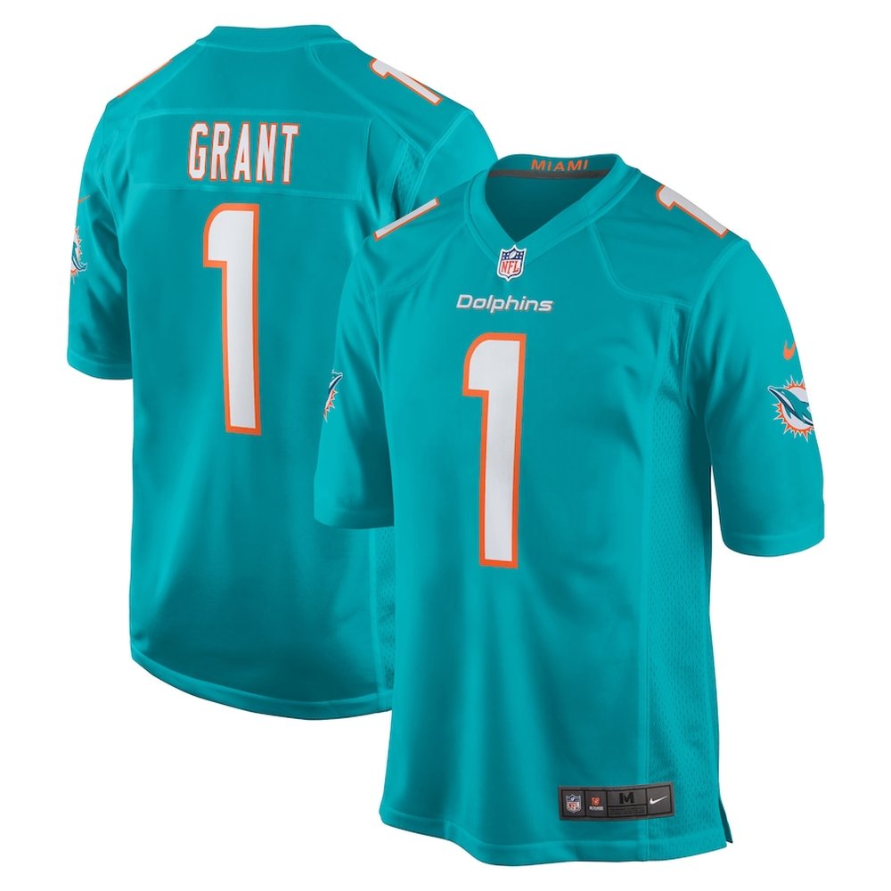 Youth Miami Dolphins #1 Kenneth Grant Nike Aqua 2025 NFL Draft First Round Pick Game Jersey