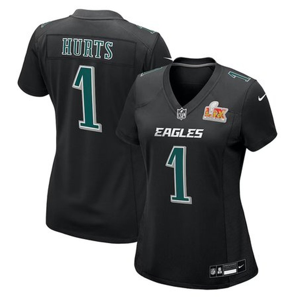 Women's Philadelphia Eagles #1 Jalen HurtsCarbon Black Super Bowl LIX Fashion Game Player Jersey