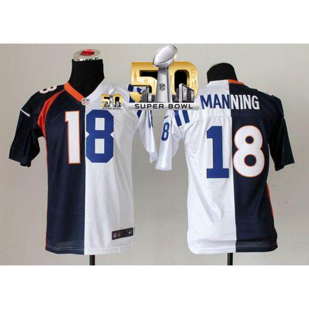 Broncos #18 Peyton Manning Blue/White Super Bowl 50 Youth Stitched NFL Elite Split Colts Jersey