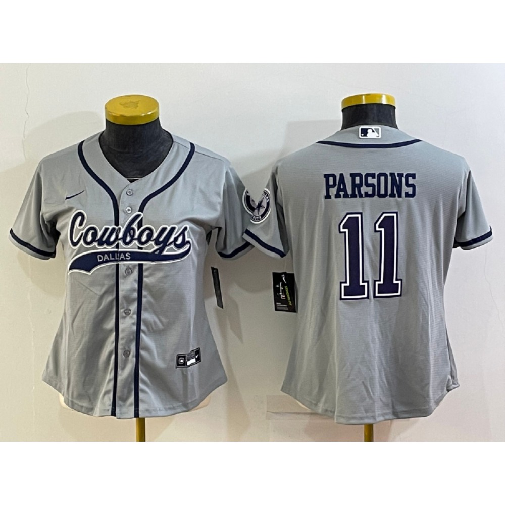 Women's Dallas Cowboys #11 Micah Parsons Grey With Patch Cool Base Stitched Baseball Jersey(Run Small)