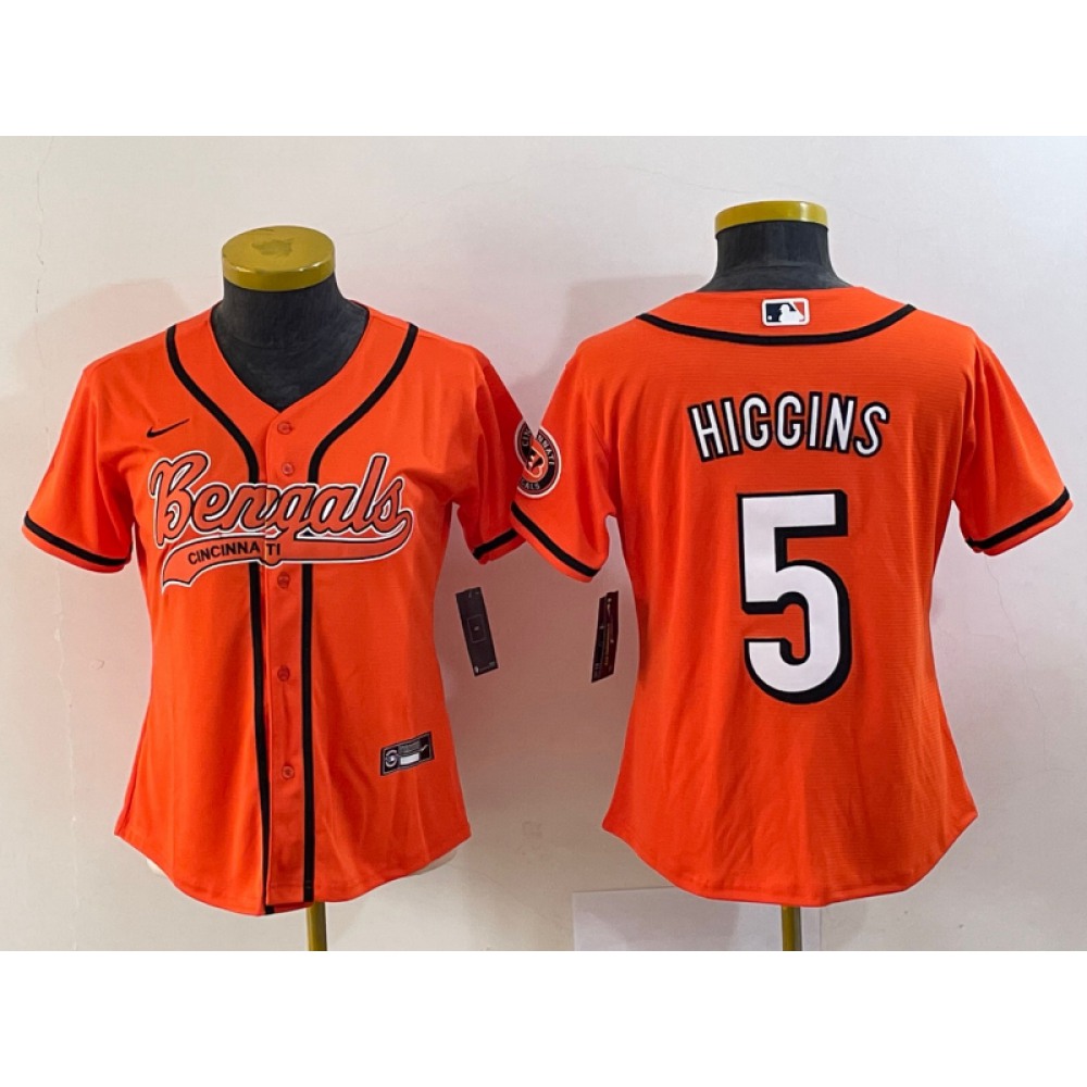 Youth Cincinnati Bengals #5 Tee Higgins Orange With Patch Cool Base Stitched Baseball Jersey