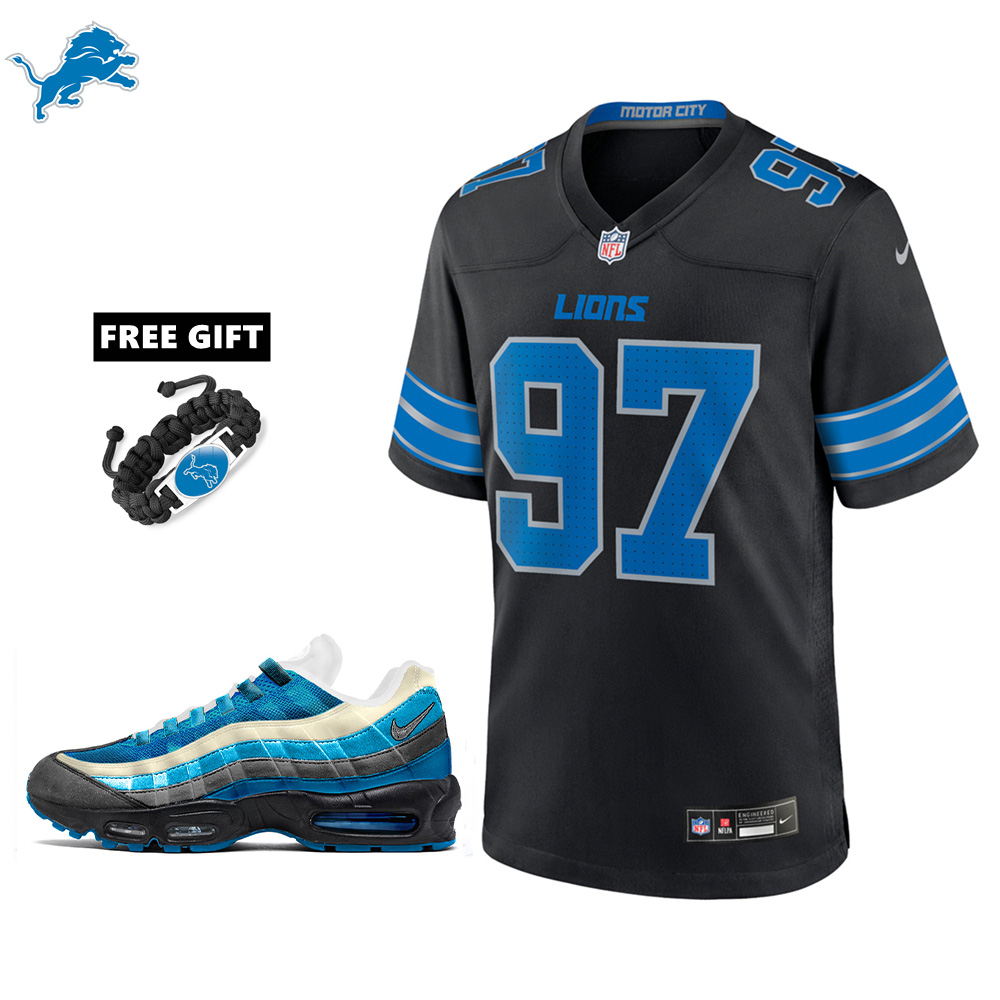 🔥Combo Sale - Detroit Lions Aidan Hutchinson Nike Black 2nd Alternate Game Jersey & Air Max 95 Team Color Sneakers