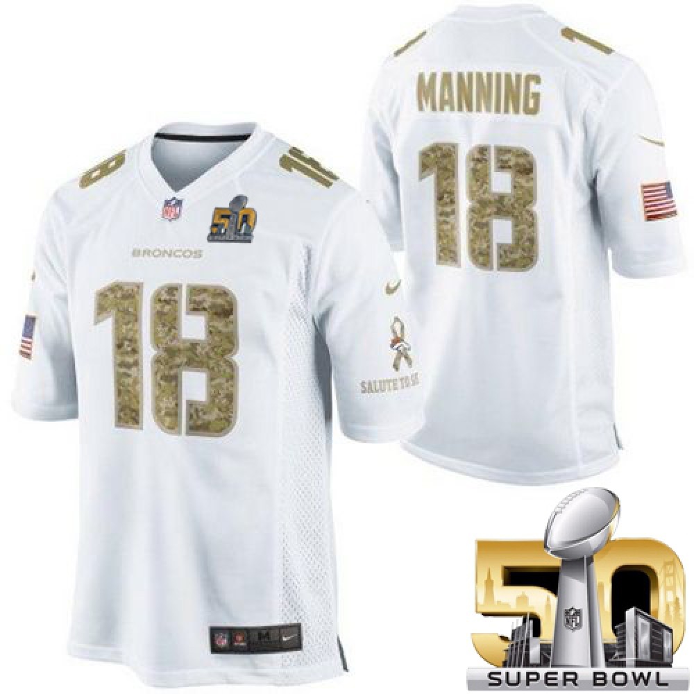 Broncos #18 Peyton Manning White Super Bowl 50 Men's Stitched NFL Limited Salute to Service Jersey