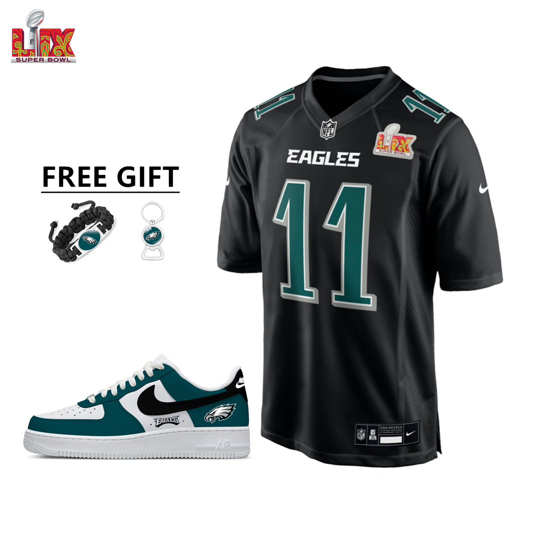 🔥Combo Sale - Philadelphia Eagles A.J. Brown Nike Carbon Black Super Bowl LIX Game Jersey & Air Force 1 Low Team Sneakers