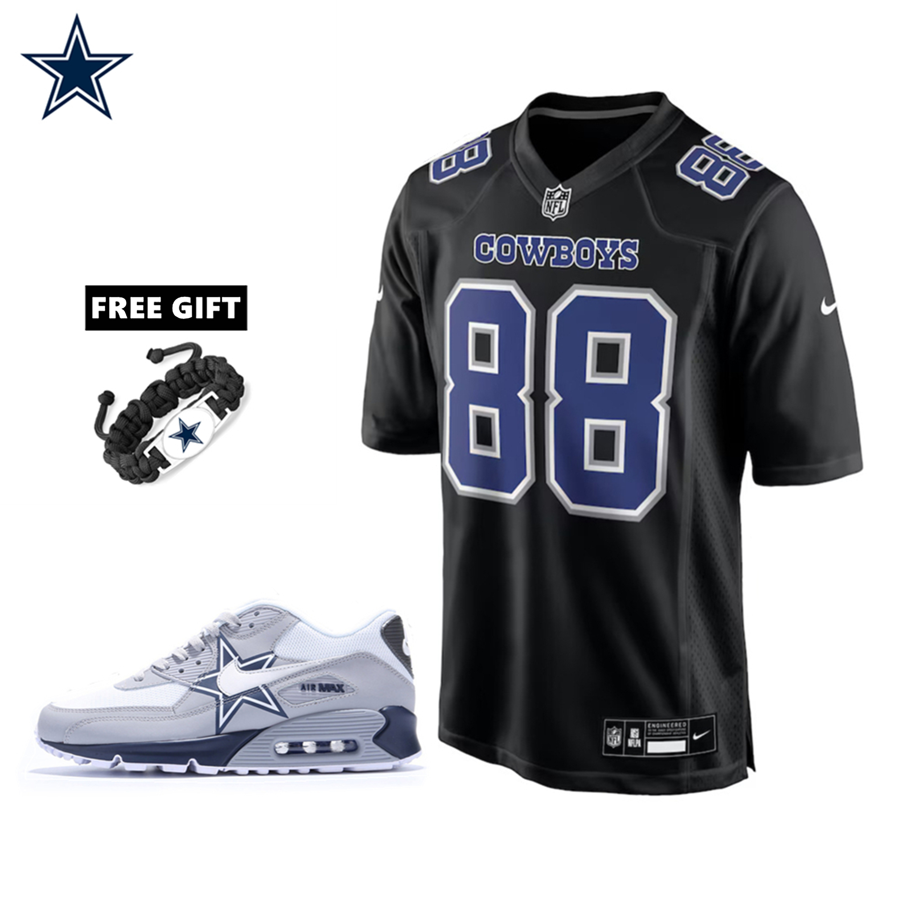 🔥Combo Sale - Dallas Cowboys CeeDee Lamb Nike Carbon Black Fashion Game Jersey & Air Max 90 Classic Sneakers