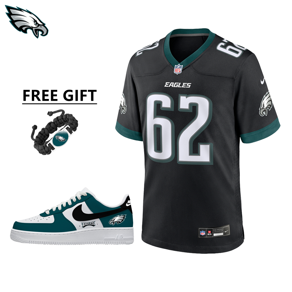 🔥Combo Sale - Philadelphia Eagles Jason Kelce Nike Black Alternate Game Jersey & Air Force 1 Low Team Sneakers