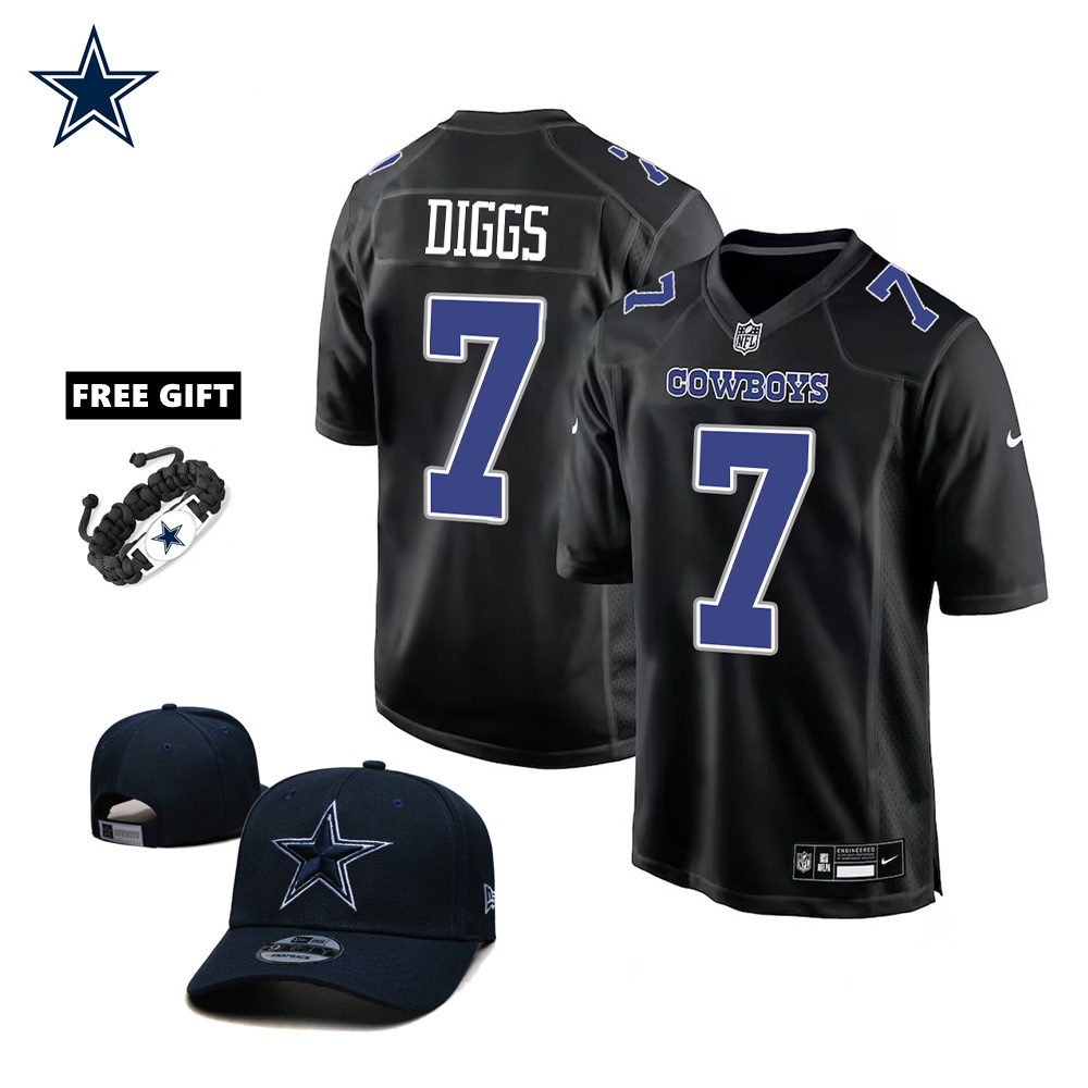 🔥Combo Sale - Dallas Cowboys Trevon Diggs Nike Carbon Black Fashion Game Jersey & New Era Navy Main 9FIFTY Adjustable Hat