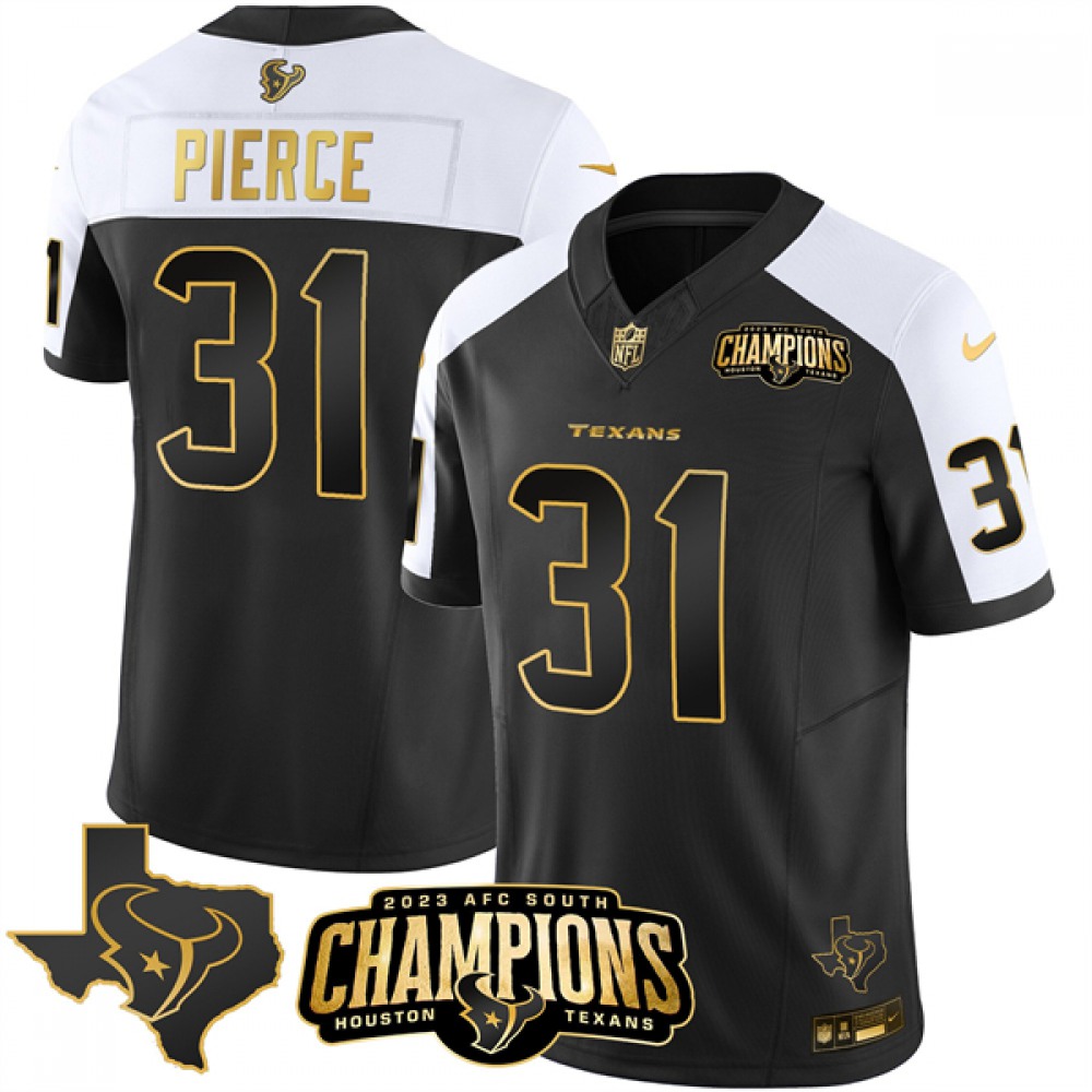 Men's Houston Texans #31 Dameon Pierce Black/White Golden2023 F.U.S.E. With AFC South Champions Patch And Team Logo Patch Limited Stitched Football Jersey