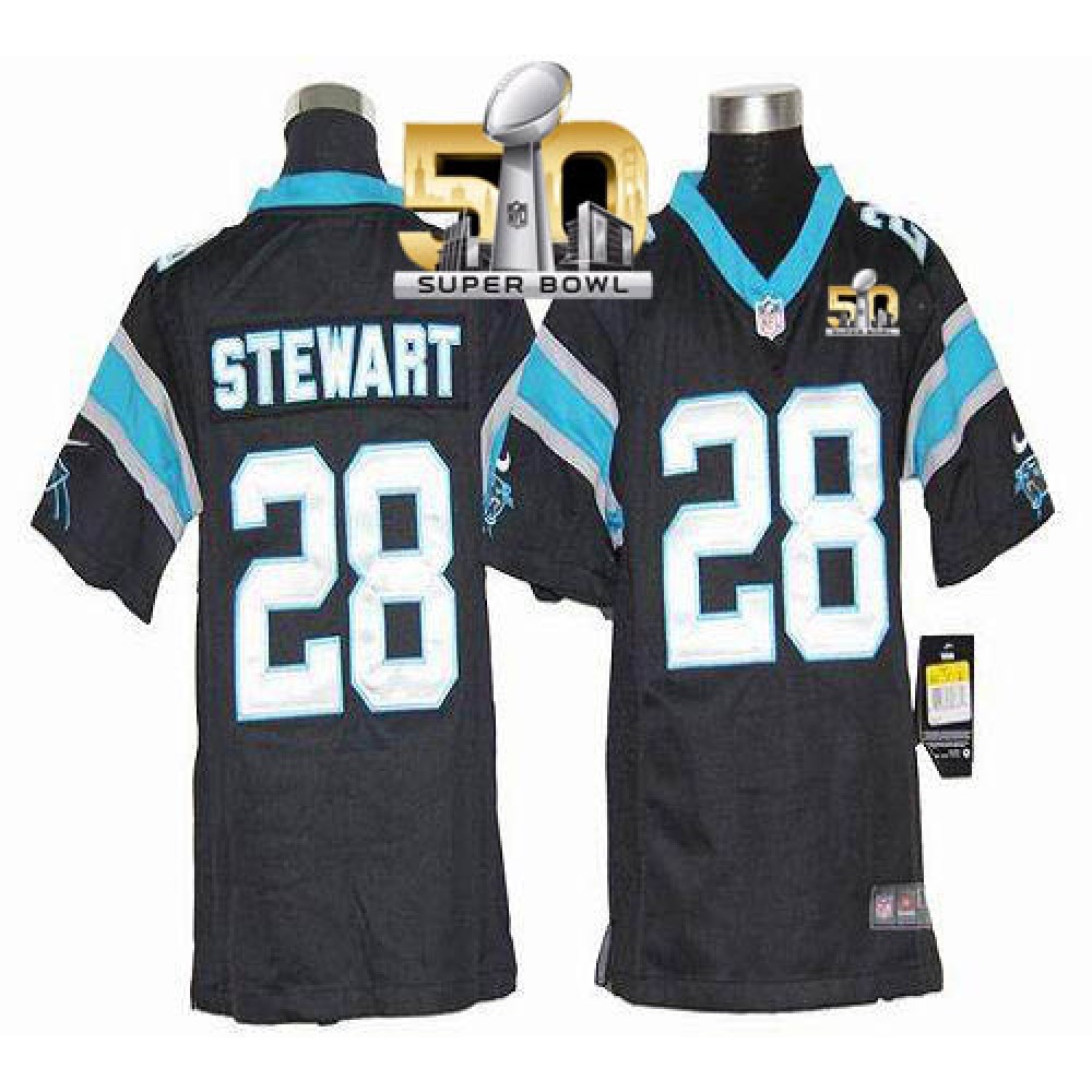 Panthers #28 Jonathan Stewart Black Team Color Super Bowl 50 Youth Stitched NFL Elite Jersey