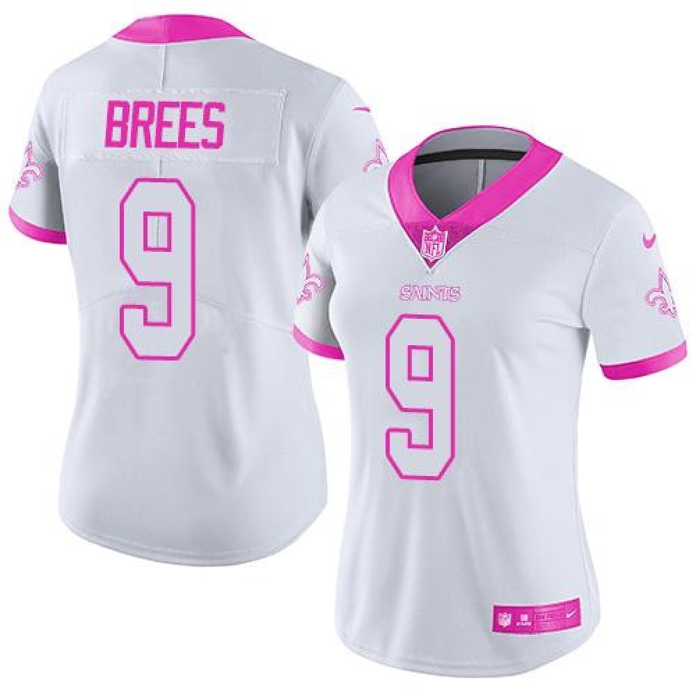 Saints #9 Drew Brees White/Pink Women's Stitched NFL Limited Rush Fashion Jersey