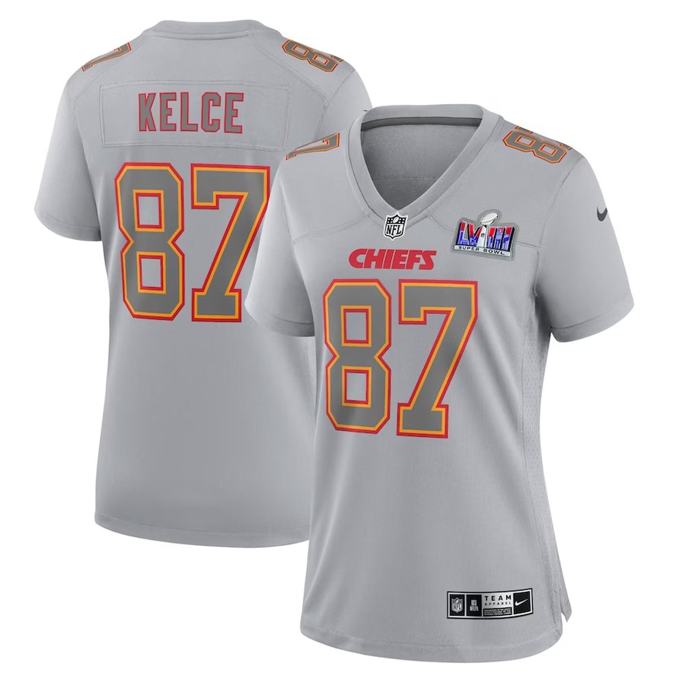 Women's Kansas City Chiefs #87 Travis KelceGray Super Bowl LVIII Atmosphere Fashion Game Jersey