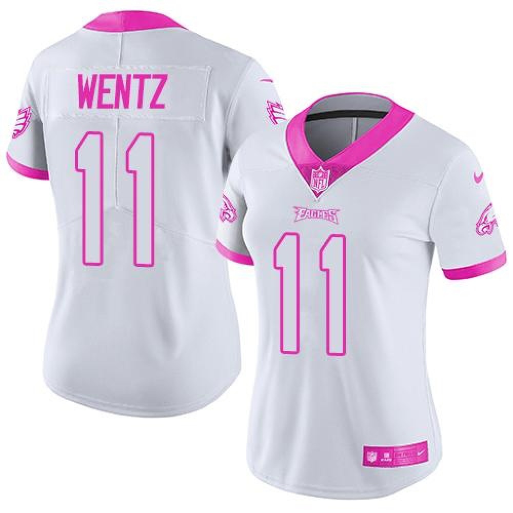 Eagles #11 Carson Wentz White/Pink Women's Stitched NFL Limited Rush Fashion Jersey