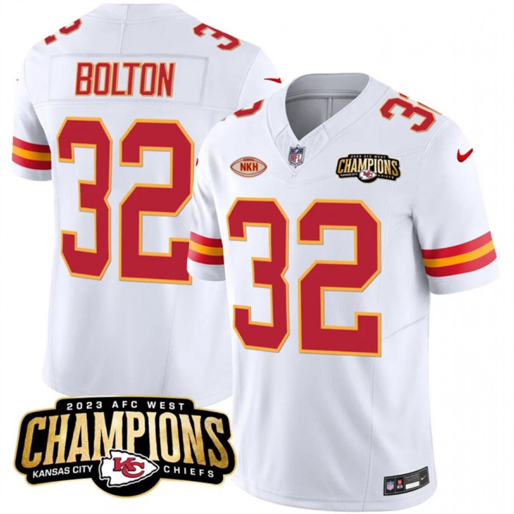 Men's Kansas City Chiefs #32 Nick Bolton White 2023 F.U.S.E. AFC West Champions With 