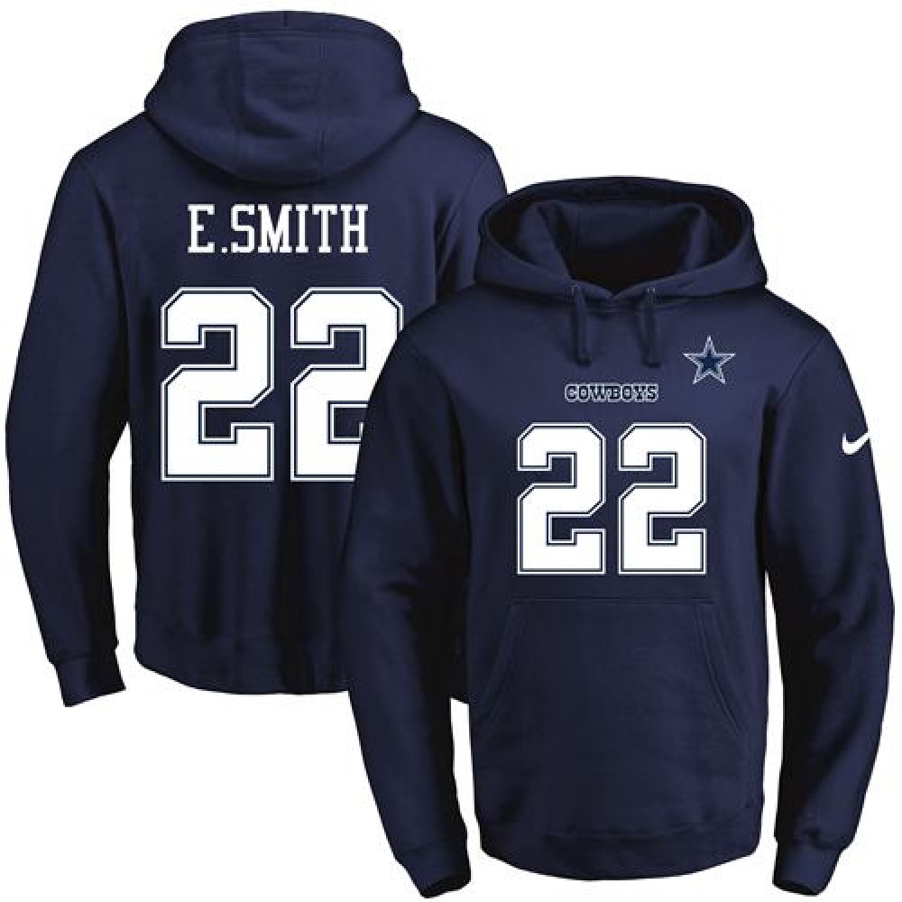 Cowboys #22 Emmitt Smith Navy Blue Name & Number Pullover NFL Hoodie