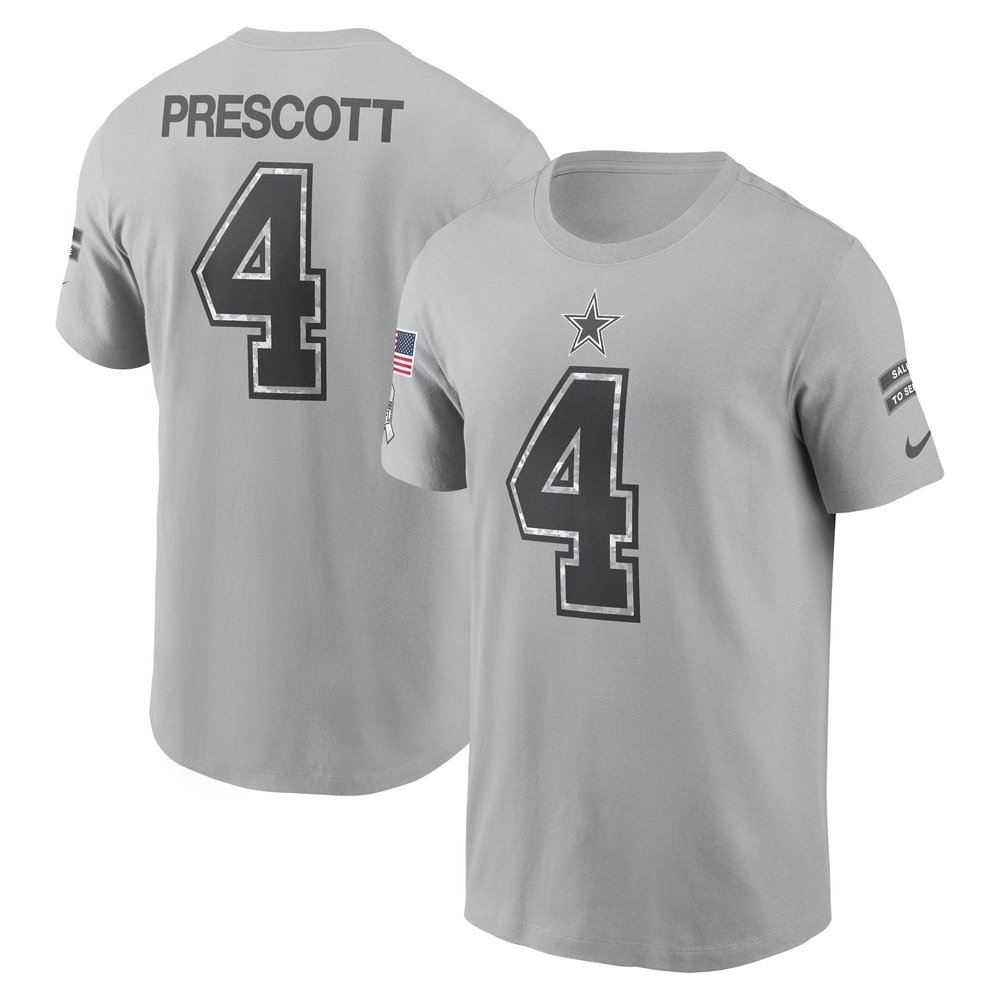 Men's Dallas Cowboys Dak PrescottGray 2024 Salute To Service Name & Number T-Shirt