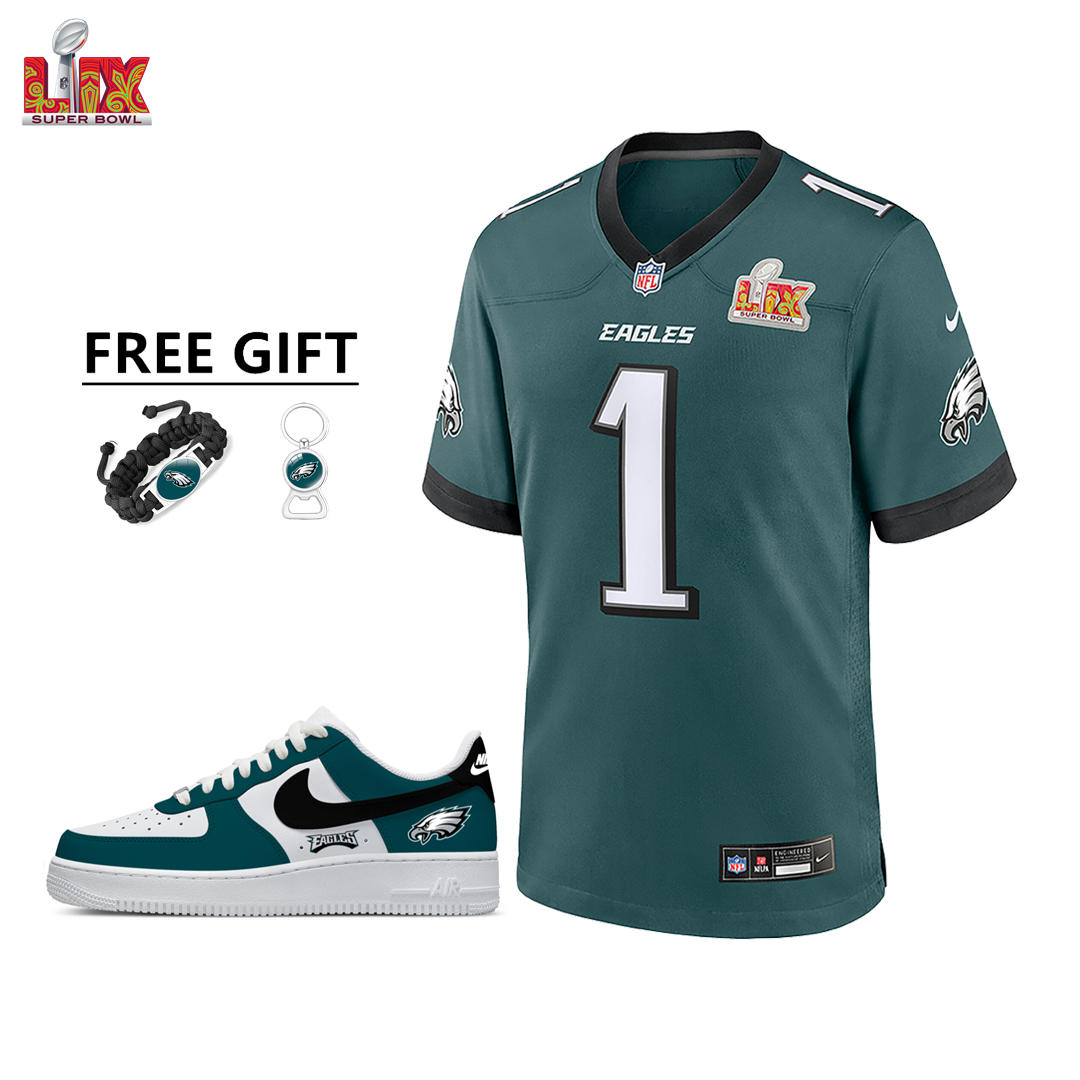 🔥Combo Sale - Philadelphia Eagles Jalen Hurts Nike Midnight Green Super Bowl LIX Game Jersey & Air Force 1 Low Team Sneakers