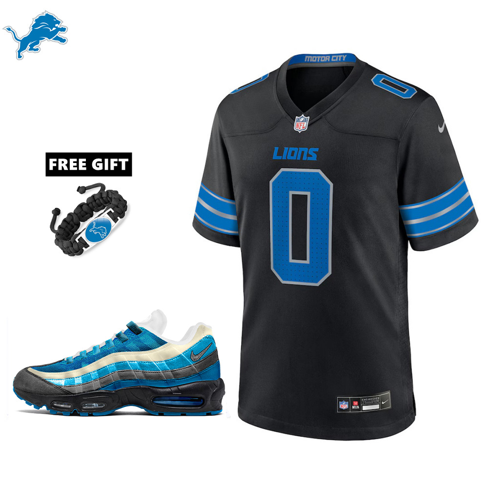 🔥Combo Sale - Detroit Lions Jahmyr Gibbs Nike Black 2nd Alternate Game Jersey & Air Max 95 Team Color Sneakers