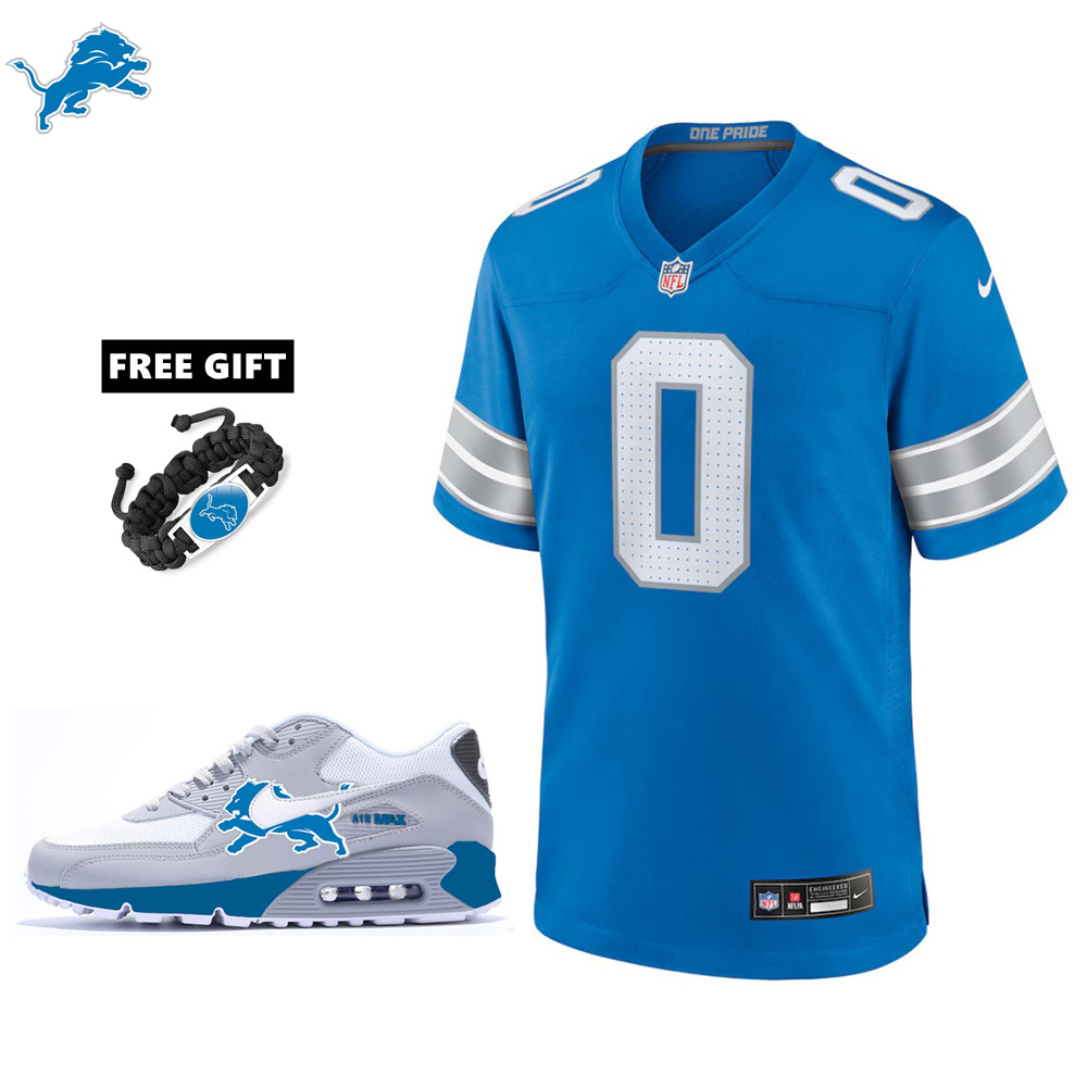 🔥Combo Sale - Detroit Lions Jahmyr Gibbs Nike Blue Game Jersey & Air Max 90 Classic Sneakers