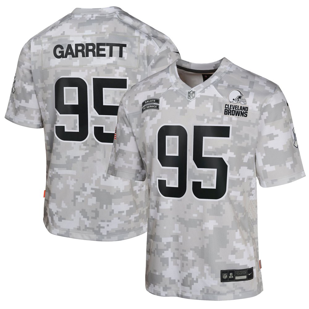 Youth Cleveland Browns Myles GarrettArctic Camo 2024 Salute to Service Game Jersey