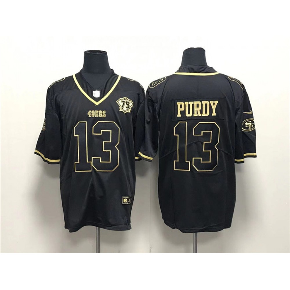 Men's San Francisco 49ers #13 Brock Purdy Black Gold With 75thAnniversary Patch Stitched Jersey