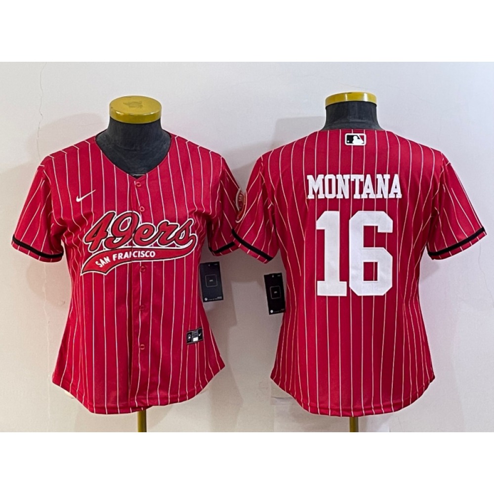 Women's San Francisco 49ers #16 Joe Montana Red With Patch Cool Base Stitched Baseball Jersey(Run Small)