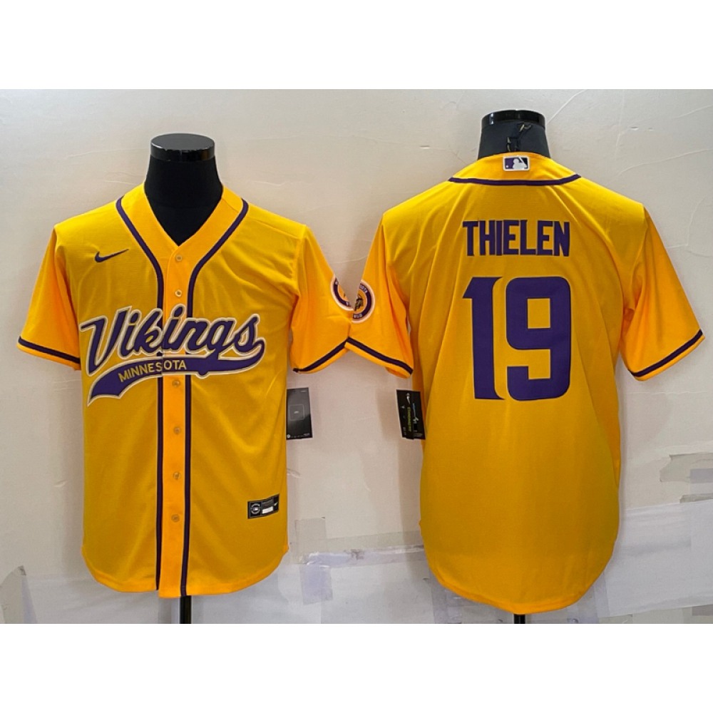 Men's Minnesota Vikings #19 Adam Thielen Gold With Patch Cool Base Stitched Baseball Jersey